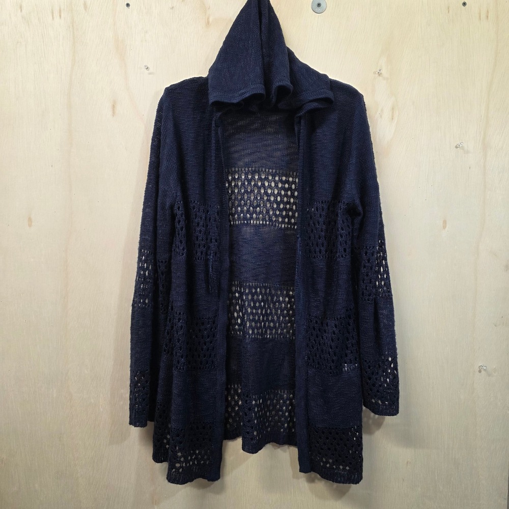 Love Ellie Navy Blue Open Knit Hooded Cardigan Sweater Large Pointelle Boho